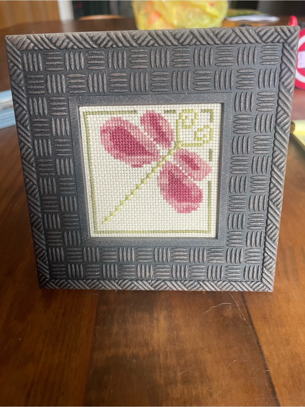 Small Framed Pink Dragonfly Cross-Stitch Accent in Metal Decorative Frame Home